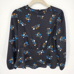 3/$25 360 Ann Taylor Satin Floral Top XXSP Peplum Long Sleeves Black Blouse NEW